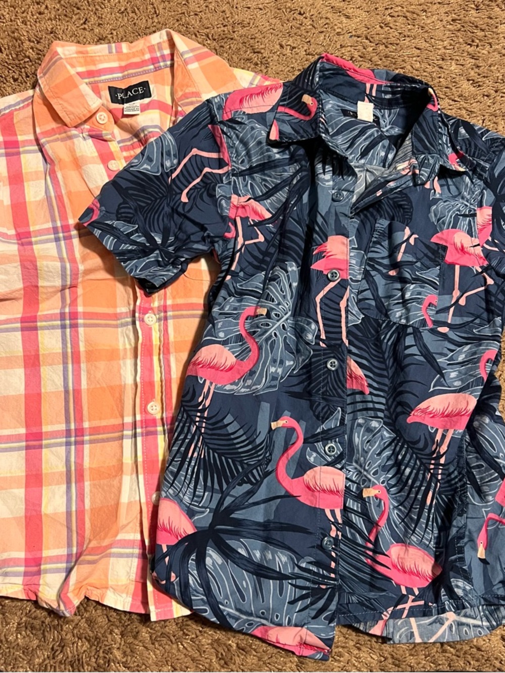 The Children's Place Boys Button-Down Shirts - Navy Flamingo & Orange Plaid